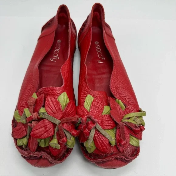Socofy Red Flower Handcrafted Leather Slip On Loafers Shoes 9.5 - Picture 2 of 9